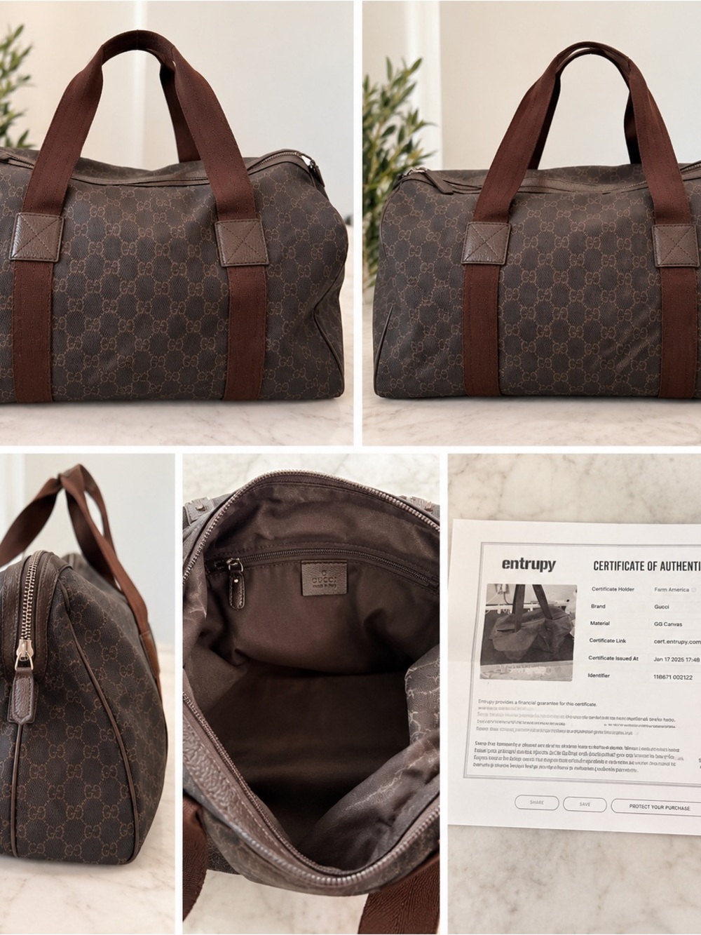 Gucci GG Canvas Brown Duffel / Travel Bag Authentic Entrupy Certified